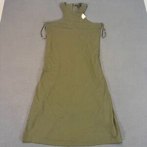 Banana Republic Women's Med Midi Dress Olive Green High Neck Keyhole Detail Slip